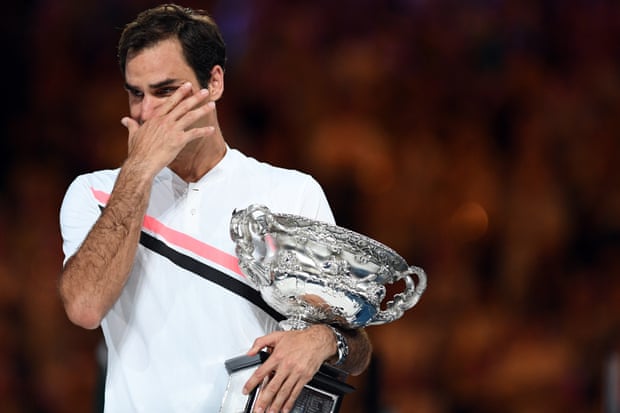 Roger Federer cries tears of joy after winning the 2018 Australian Open. It p[roved to be his final grand slam triumph.