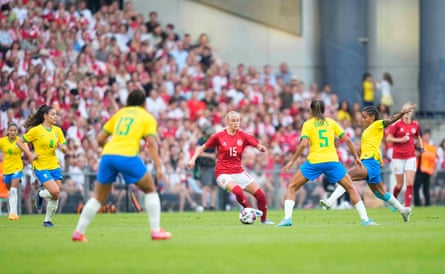 Kathrine Kühl surges forward during Denmark’s friendly match against Brazil last week.