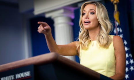 Kayleigh McEnany press conference<br>epa08550438 Kayleigh McEnany, White House press secretary, speaks during a news conference in the James S. Brady Press Briefing Room at the White House in Washington, DC, USA, 16 July 2020. EPA/Al Drago / POOL