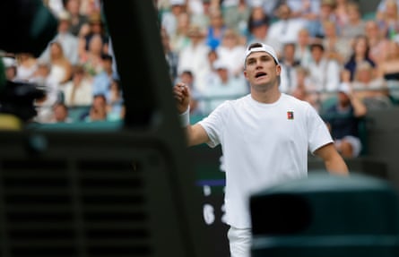 Jack Draper complains to the umpire after an electronic line call during his loss to Marin Cilic.