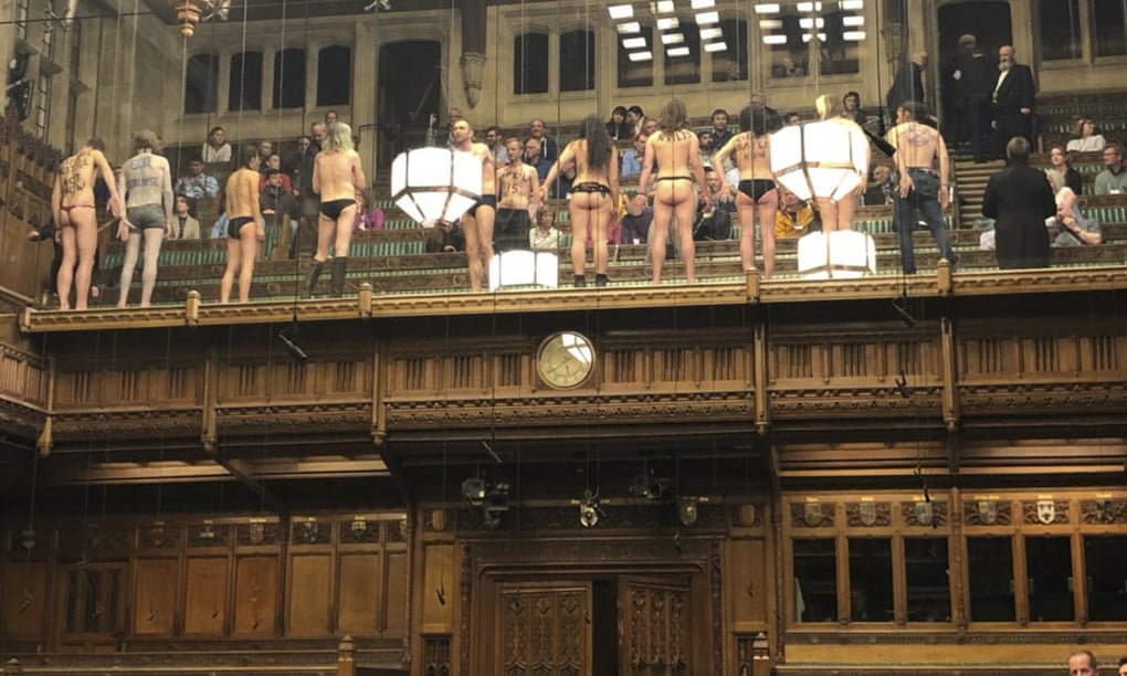 Demonstrators protest in the public gallery in the House of Commons