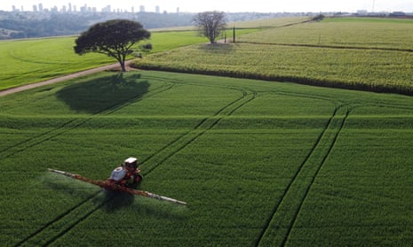 A tractor sprays pesticides on wheat crops in Brazil.