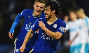 Shinji Okazaki celebrates after scoring with an overhead kick.