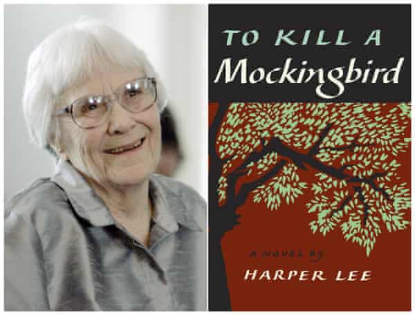 Harper Lee and a copy of To Kill a Mockingbird.