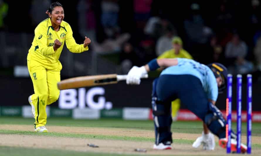Australia’s Alana King celebrates the wicket of England’s Katherine Brunt.