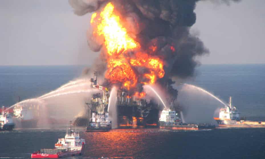 Fire boat response crews battle the blazing remnants of BP’s offshore oil rig Deepwater Horizon, off Louisiana, on April 21, 2010.