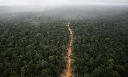 An aerial view of a new road cutting through the lush green of the Amazon rainforest.
