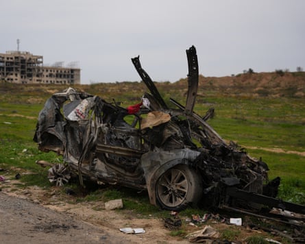 The twisted remains of the Egyptian Relief Committee vehicle hit in an Israeli strike.