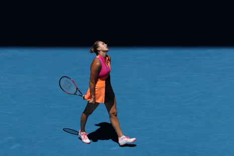 Aryna Sabalenka reacts in her match against Anastasia Potapova.