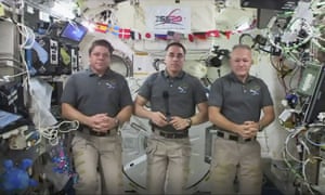 Astronauts Bob Behnken, Chris Cassidy and Doug Hurley on the International Space Station. Behnken and Hurley are scheduled to splashdown off the coast of Florida on Sunday.