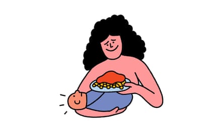 Illustration of a new mother eating homemade pasta while cradling her child