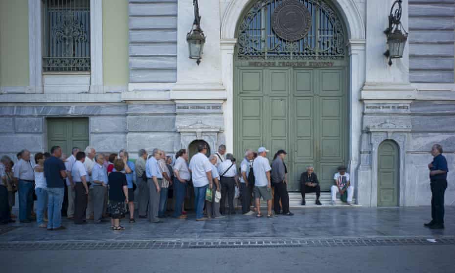 Pensioners queueing outside a bank in Athens