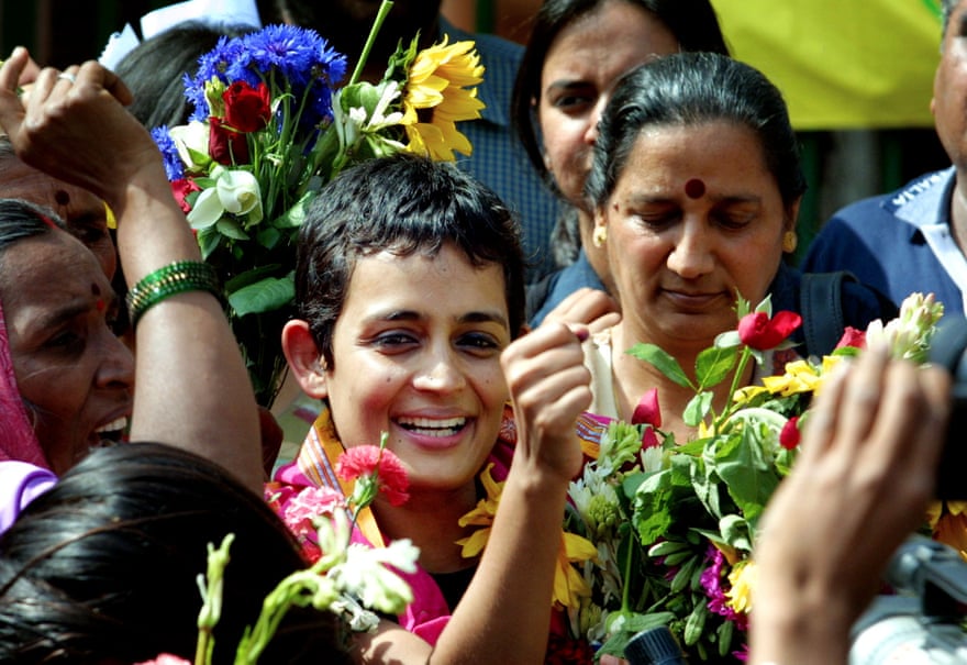 Arundhati Roy in 2002, after being released from jail for contempt of court.
