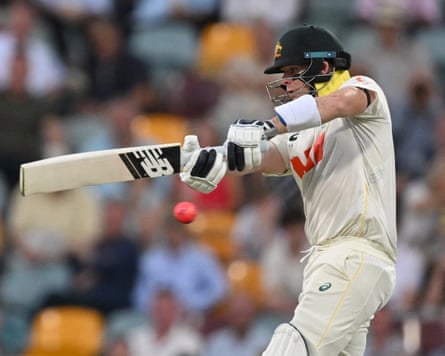 Steve Smith plays a pull on day two at the Gabba