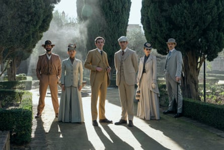 Actors (from left) Joseph Fiennes, Zine Tseng, Dónal Finn, Hero Fiennes Tiffin, Natascha McElhone, Max Irons in Young Sherlock