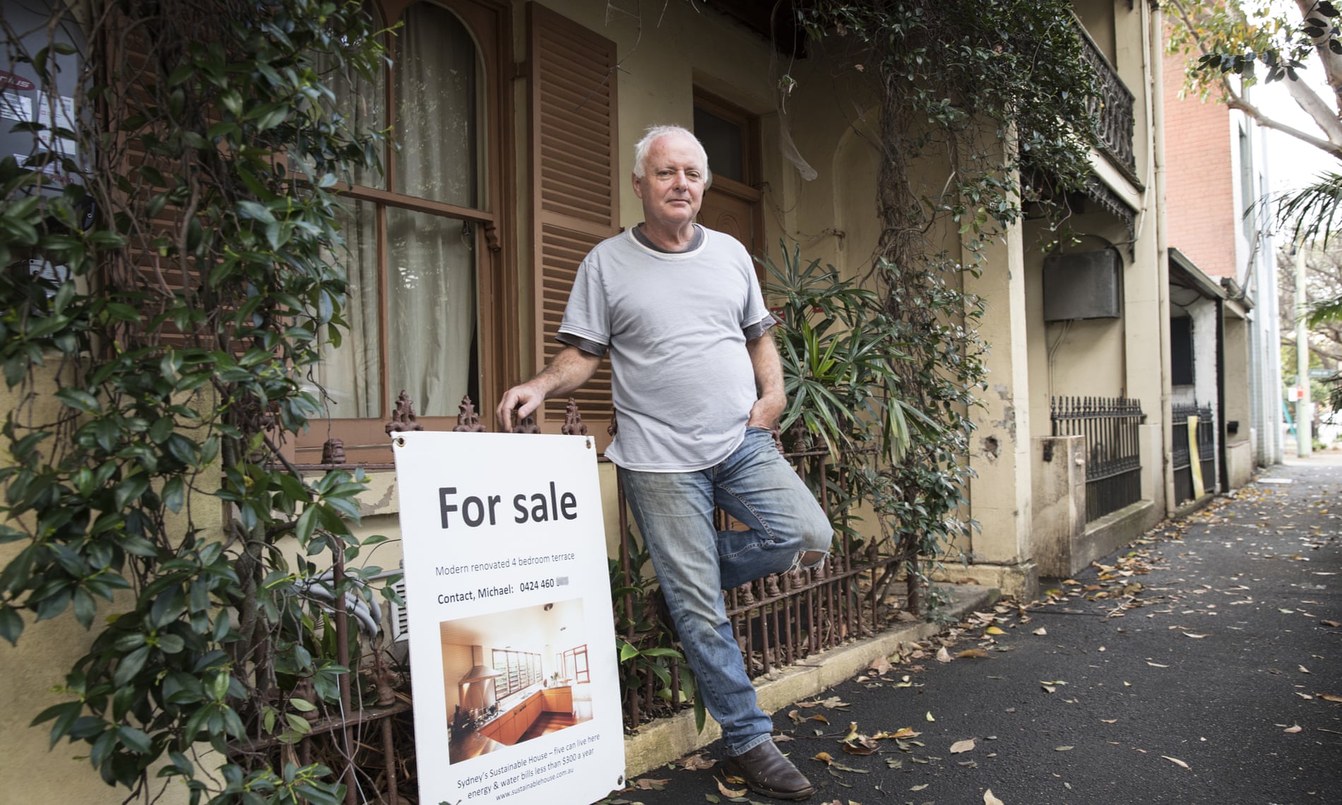Michael Mobbs outside his sustainable house in the inner-city Sydney suburb of Chippendale. 