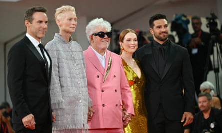 Alessandro Nivola, Tilda Swinton, Pedro Almodovar, Julianne Moore and Alvise Rigo attend the film’s premiere.