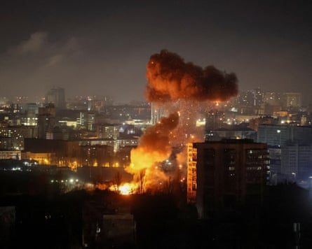 A drone explodes during a missile and drone strike amid Russia’s attack on Ukraine in Kyiv.