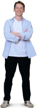 A young man with light brown hair wearing a blue striped shirt over a white T-shirt