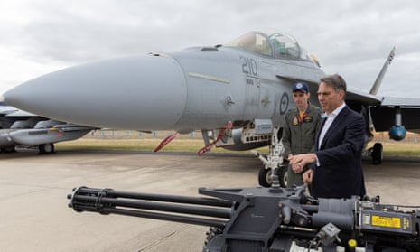 Richard Marles inspects RAAF aircraft and artillery at the Australian International Airshow and Aerospace and Defence Expo in Avalon today.