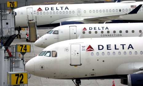 Delta Air Lines passenger jets outside LaGuardia airport in New York City.