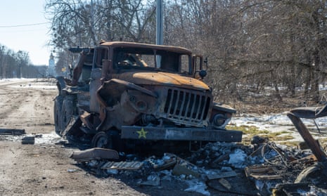 The remains of a Russian military vehicles destroyed by the Ukrainian army on the outskirts of Kharkiv, Ukraine.