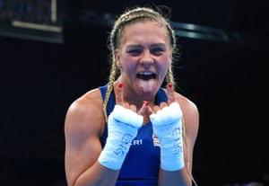 England’s Demie-Jade Resztan celebrates after the women’s minimum (45-48kg) semi-final