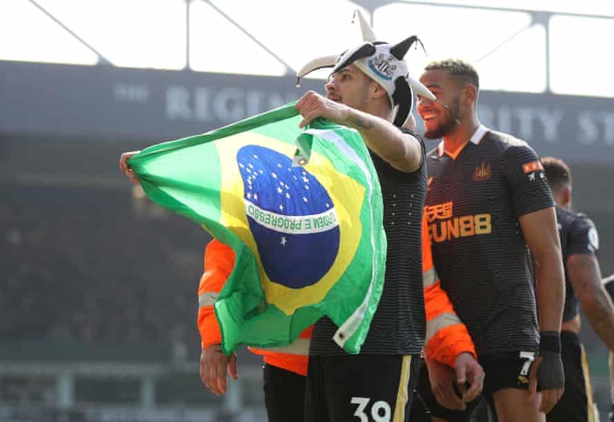 Newcastle United's Bruno Guimaraes celebrates scoring their third goal.