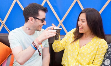 World Record Breaking beatboxer Shlomo shares a peppermint tea with Carmen Fishwick backstage at the Park, Glastonbury festival 2015, Friday 26 June