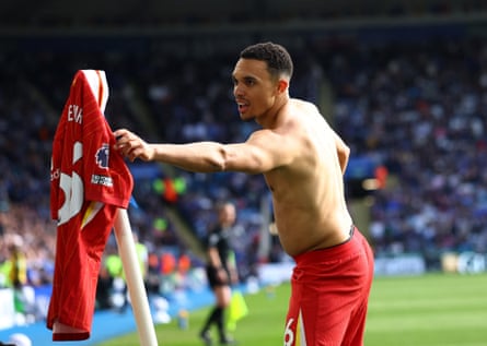Trent Alexander-Arnold celebrates scoring against Leicester – his last Liverpool goal – at the King Power Stadium