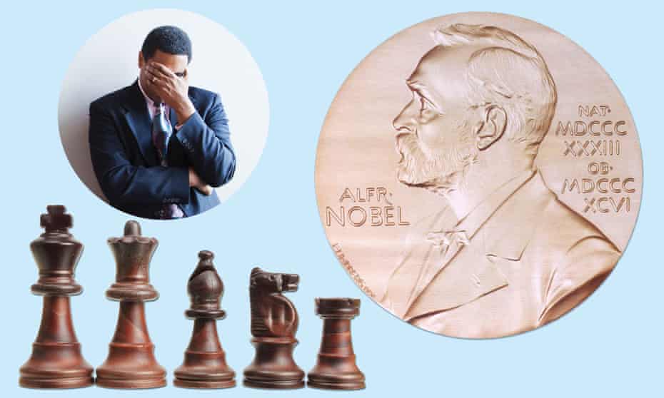 Composite man, chess pieces, Nobel prize medal