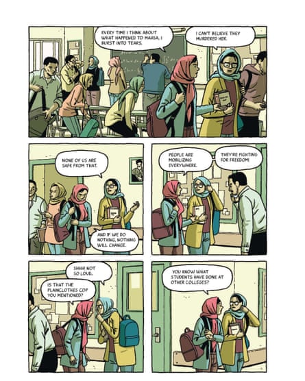A panel from the book with two girls at college talking about the death of Mahsa Jina Amini