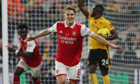Martin Ødegaard celebrates after scoring Arsenal’s first goal against Wolves