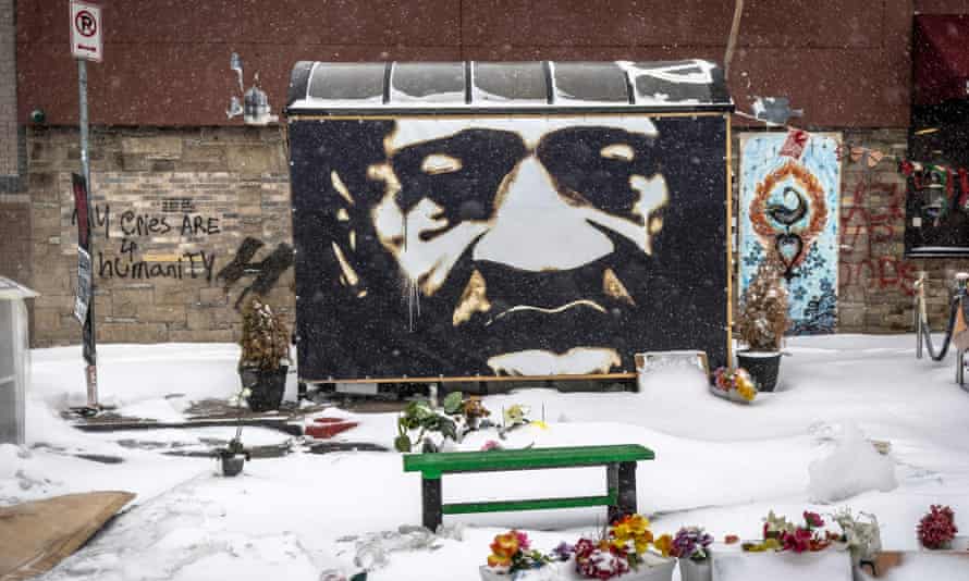 The George Floyd Memorial seen during a heavy snowstorm at George Floyd Square in Minneapolis, Minnesota, on February 21, 2022.
