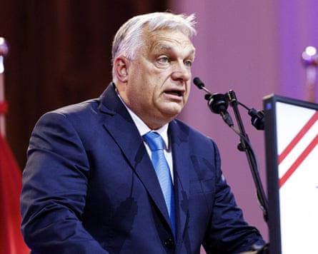 Viktor Orbán gives a speech during an event to mark 70 years of Austria’s anti-immigration, far-right Freedom party