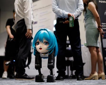 A robot girl with blue hair and no body with two legs
