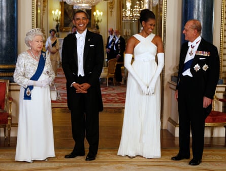 Queen Elizabeth and the then US president Barack Obama pose with first lady Michelle Obama and Prince Philip at Buckingham Palace before a state banquet in 2011.