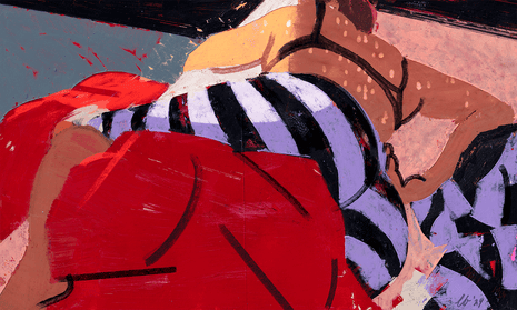 A graphic illustration of a woman in bed wearing a bra, purple-and-black striped leggings, out of the red covers with one leg hooked over them.