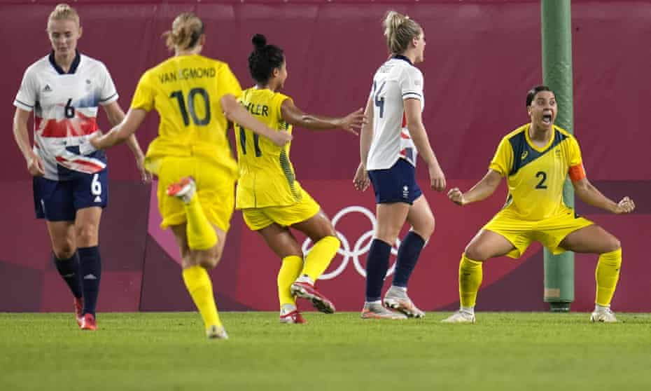 Sam Kerr celebrates after scoring Australia’s decisive fourth goal.