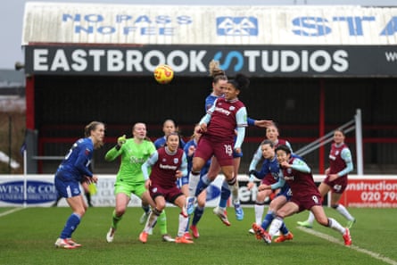 Shekiera Martinez heads home West Ham’s first goal during their 2-0 victory over Everton in January.