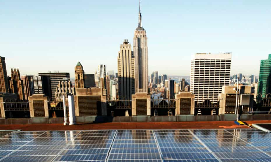 Solar panels on a Rockefeller Center rooftop in midtown Manhattan in New York.