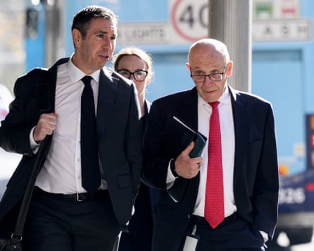 NSW Liberal member of the Legislative Council Damien Tudehope (right) arrives to give evidence during the Icac Operation Rosny hearings on 4 August
