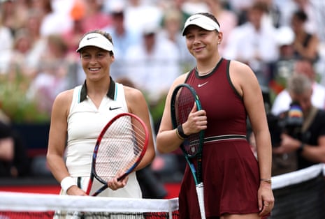 Tatiana Maria of Germany and Amanda Anisimova of United States pose for a photo before the Women's Singles Final.