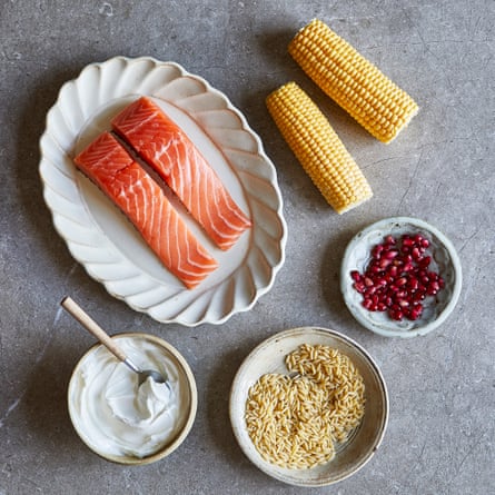 Ingredients for grilled salmon tikka pinch fragrant orzo and mint raita