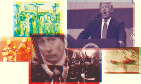 Power, nation and storytelling (clockwise from far left)… troops in Ukraine, the story of Christianity, Donald Trump, the atomic bomb,  protests against Vladimir Putin.