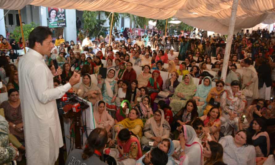 Imran Khan, leader of the party Tehreek-e-Insaf talking at a women’s in Pakistan this March.