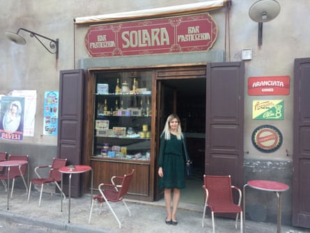 Kathryn Bromwich outside Bar Solara, part of the sprawling set constructed for the show outside the centre of Naples