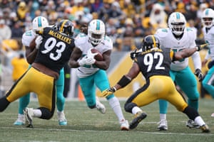 Harrison, No92, pictured here against the Dolphins, has never played fewer than 11 games in a season.