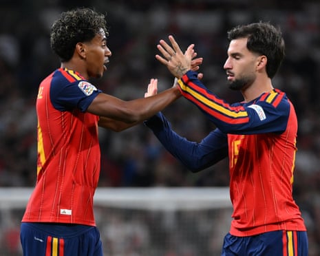 Alex Baena (right) celebrates with fellow goalscorer Lamine Yamal after scoring Spain’s equaliser.