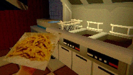 In the game Grease Trap 99, a hand holds a plate of chips in a pixelated retro kitchen